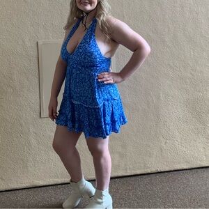 Blue Floral Halter Mini Dress